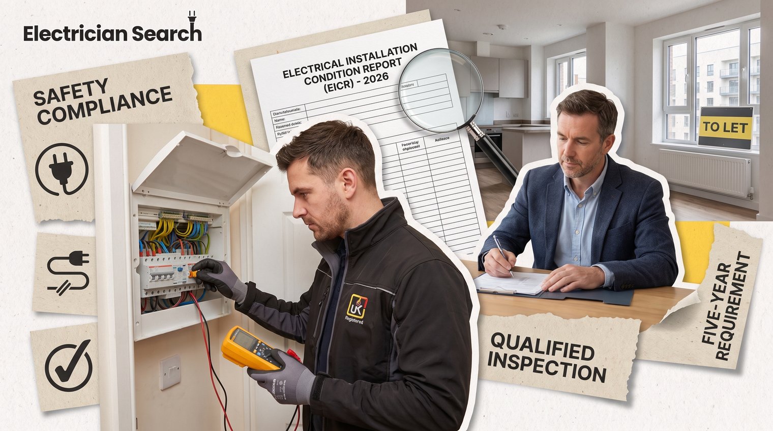 A qualified UK electrician inspecting a domestic consumer unit in a rented property, with a landlord reviewing an electrical condition report nearby