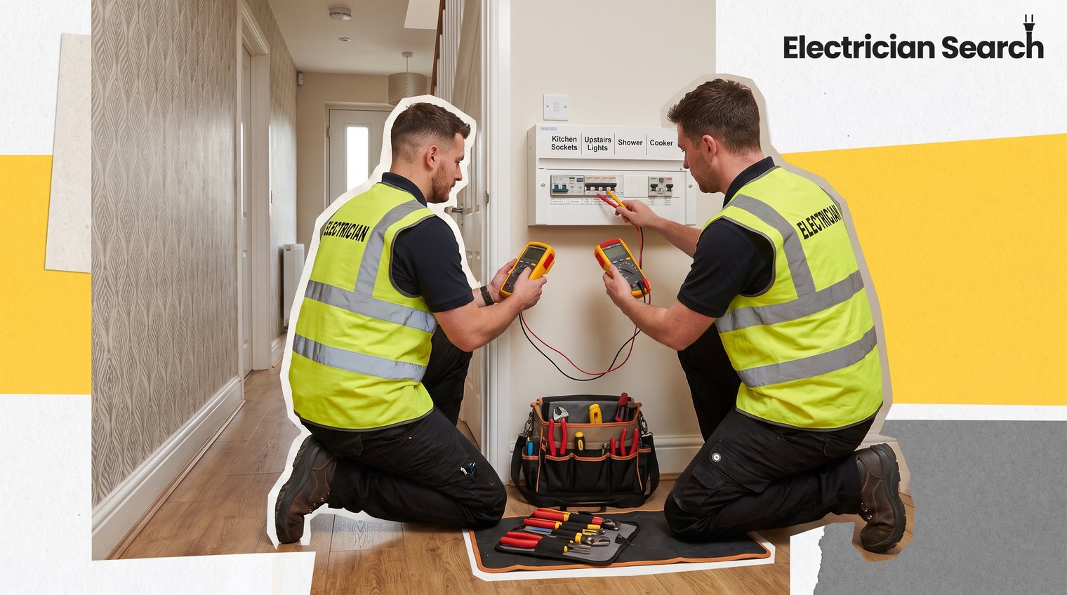 A UK domestic electrician testing a consumer unit in a tidy home hallway, with test meter and labelled circuits visible