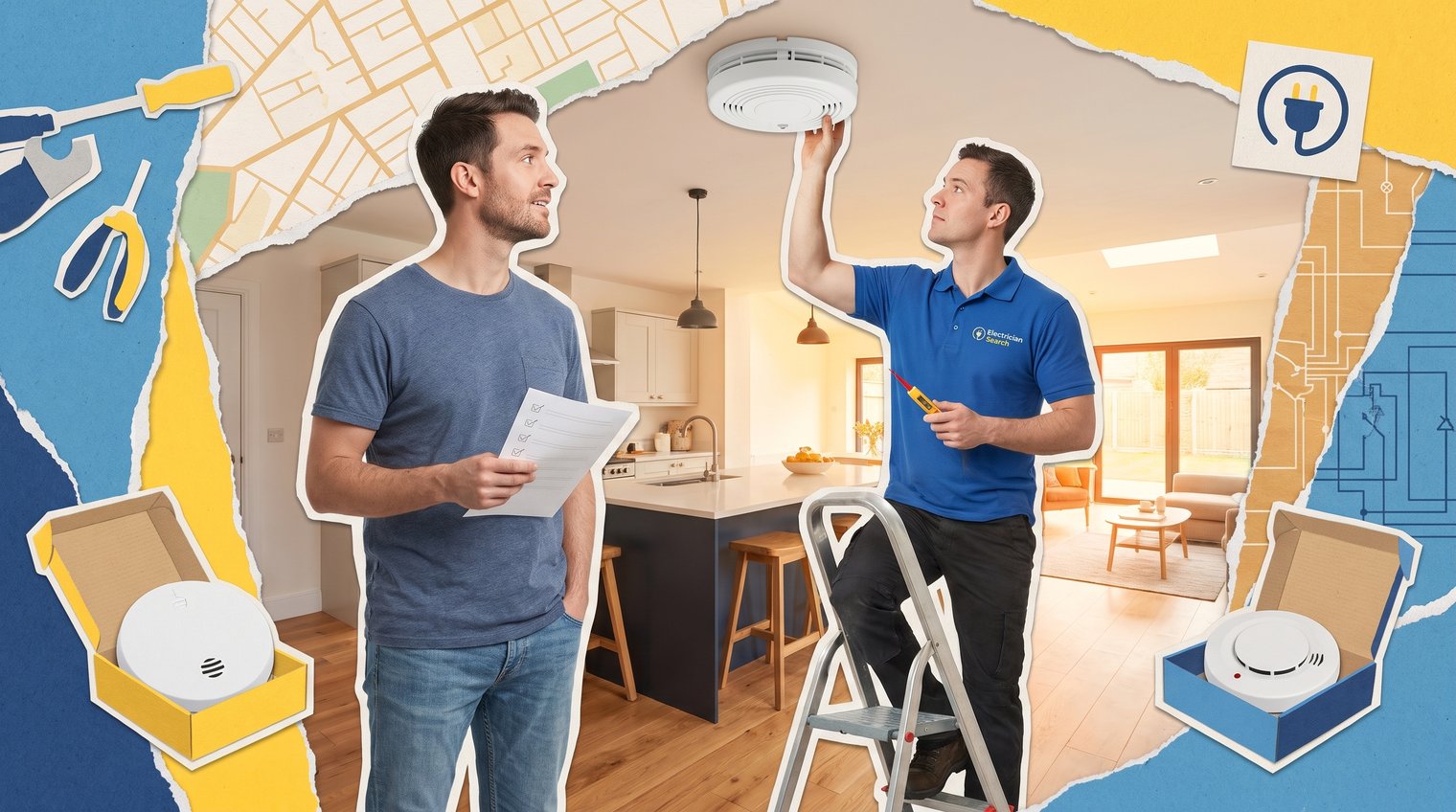 A UK electrician safely inspecting a ceiling-mounted mains smoke alarm in a modern home, with a homeowner nearby | clean editorial documentary style
