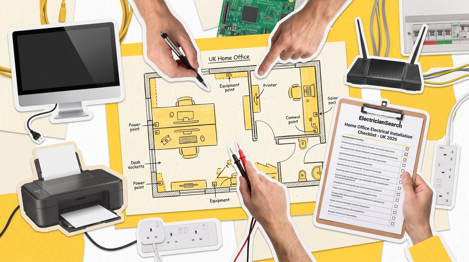 A UK home office desk layout being discussed with an electrician, with monitor, printer, router, desk sockets and a simple room plan visible