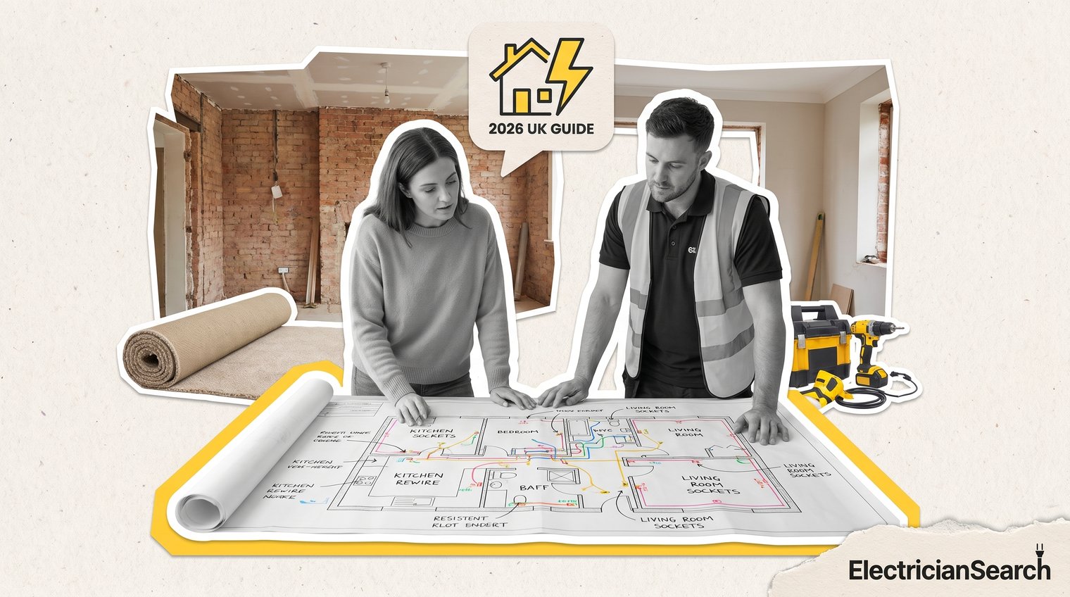 A UK homeowner and domestic electrician reviewing a room-by-room rewire plan in a renovation property