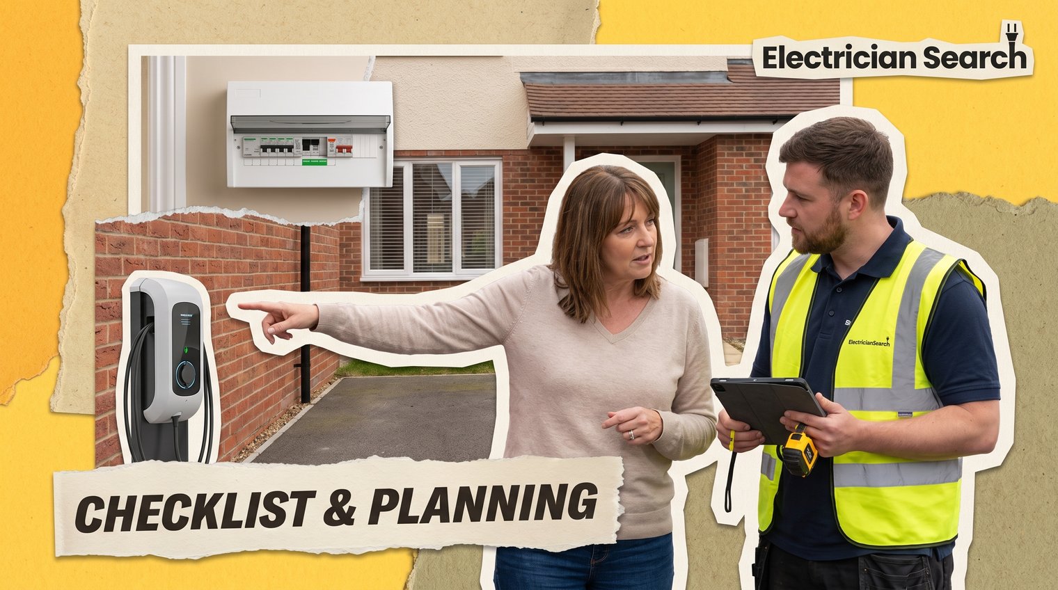 A UK homeowner and qualified electrician reviewing an EV charger installation location beside a driveway, with consumer unit visible in the background