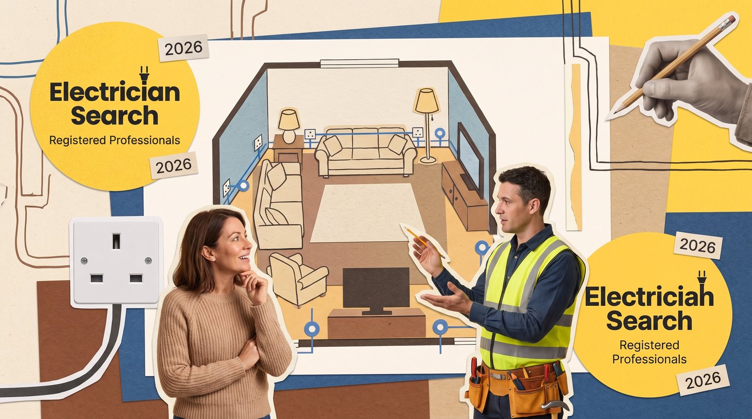 A UK homeowner and registered electrician reviewing a living-room plan with furniture, lamps, television and proposed wall socket locations marked subtly