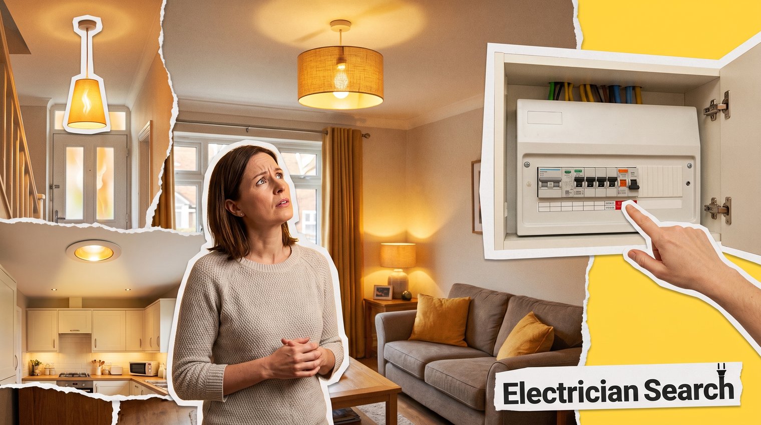 A UK homeowner safely observing several ceiling lights flickering in different rooms while keeping clear of the consumer unit, realistic domestic setting
