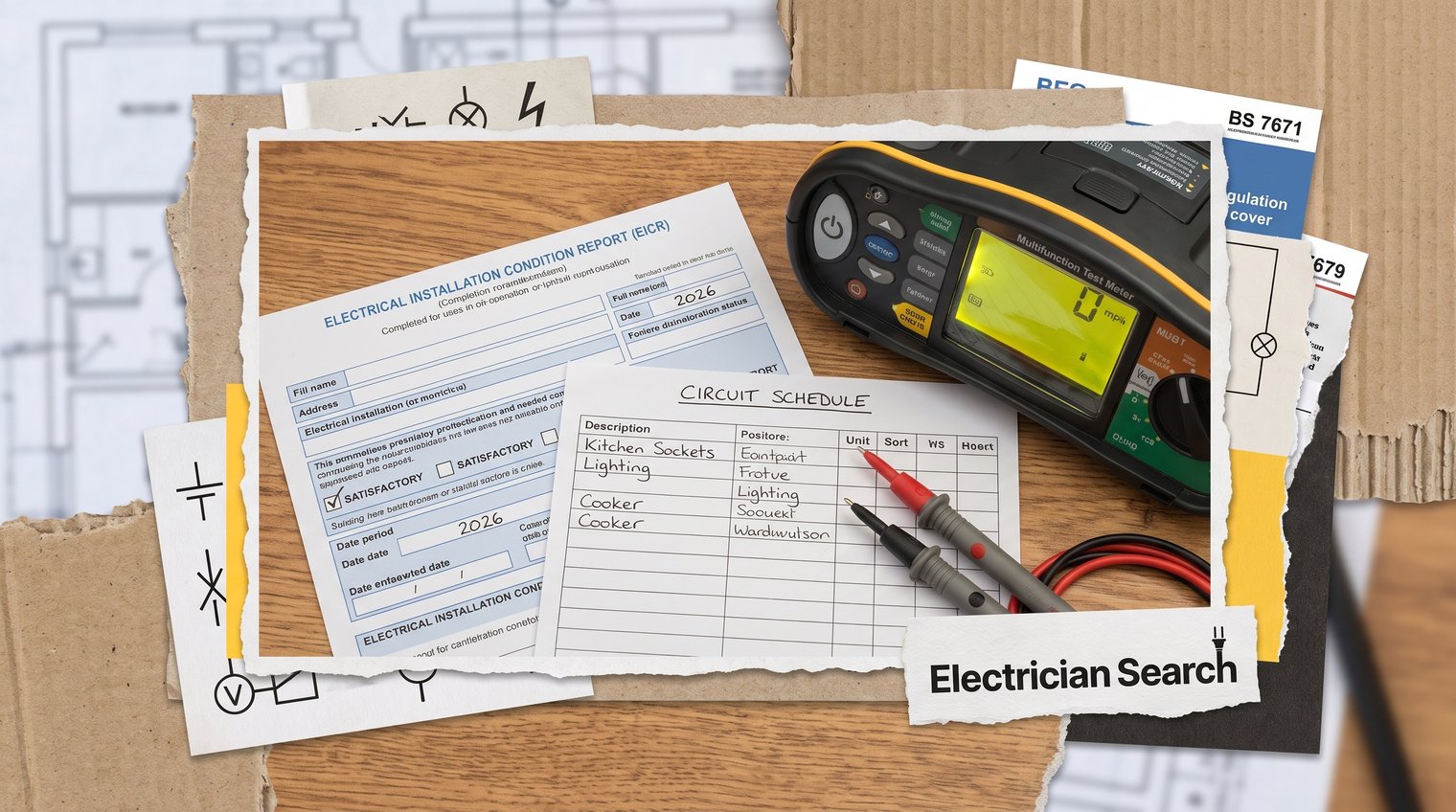 Close-up of a completed UK electrical installation condition report on a table with a circuit schedule and electrician's test meter, realistic editorial photography