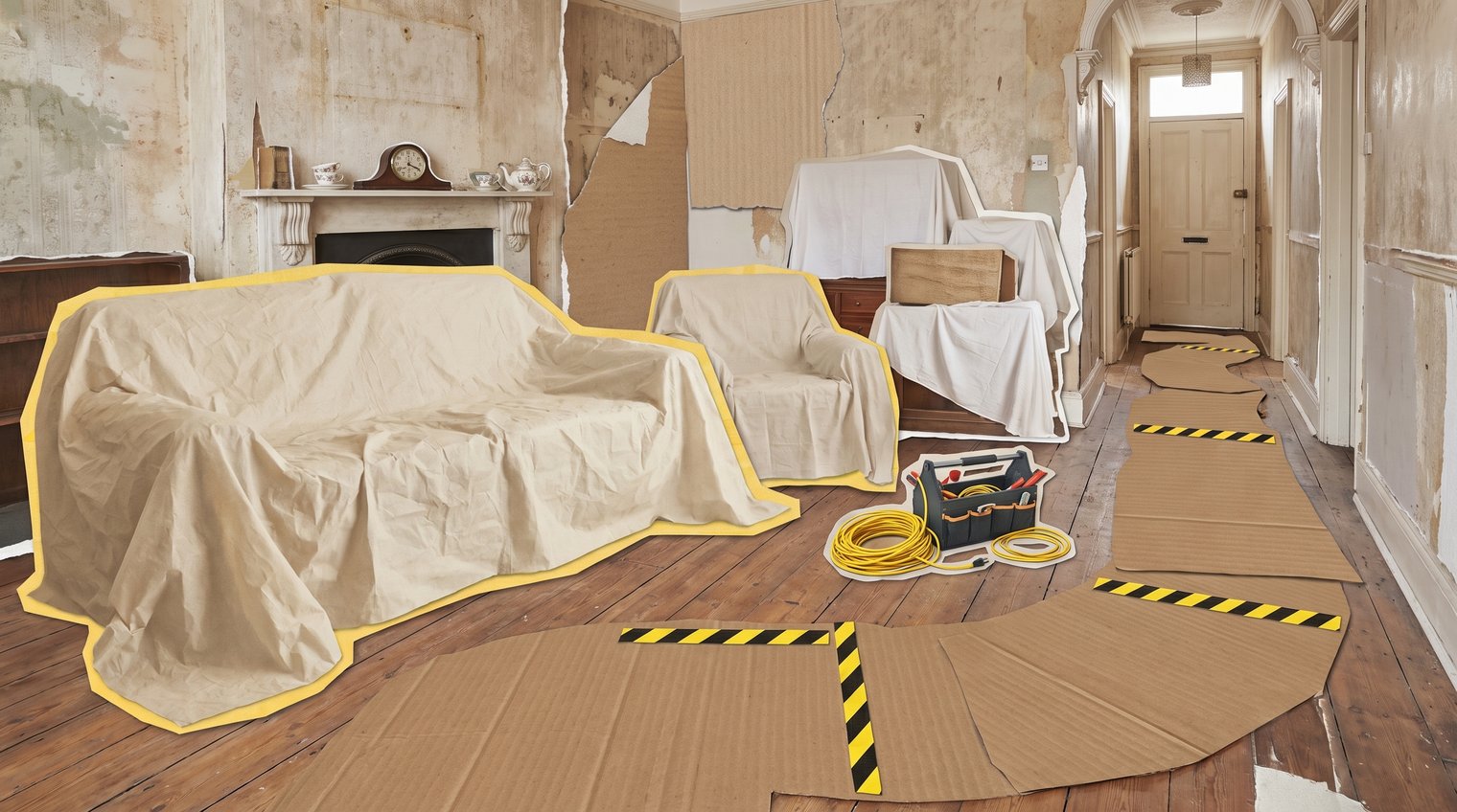Covered furniture and protected flooring in a lived-in UK home during electrical renovation, with a clear safe walkway