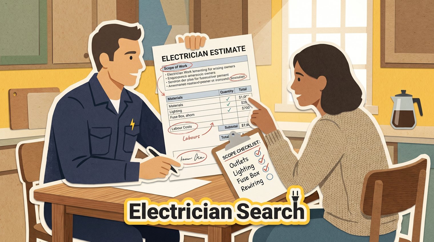 Electrician and homeowner reviewing a written estimate together at a kitchen table, with an annotated scope checklist