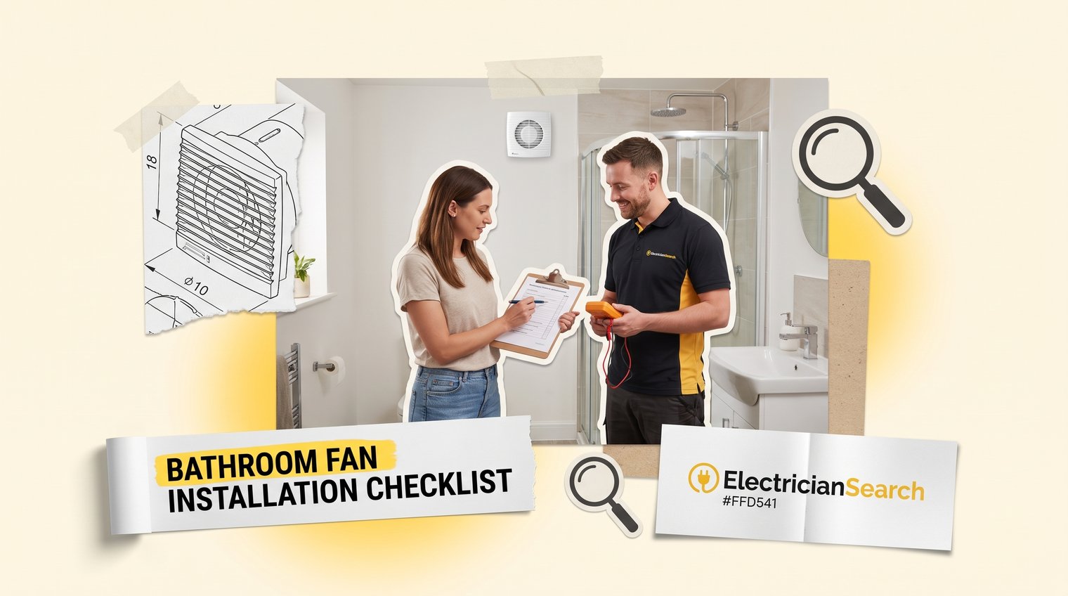 Homeowner and electrician reviewing a concise bathroom fan installation checklist beside a finished bathroom, UK home setting, realistic editorial photography