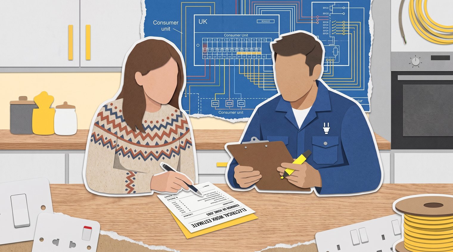 Homeowner and qualified electrician reviewing a written electrical work estimate at a kitchen table, with a consumer unit plan in the background