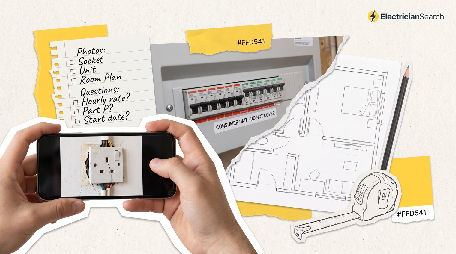 Homeowner photographing a wall socket, consumer unit label and room layout before requesting an electrician estimate