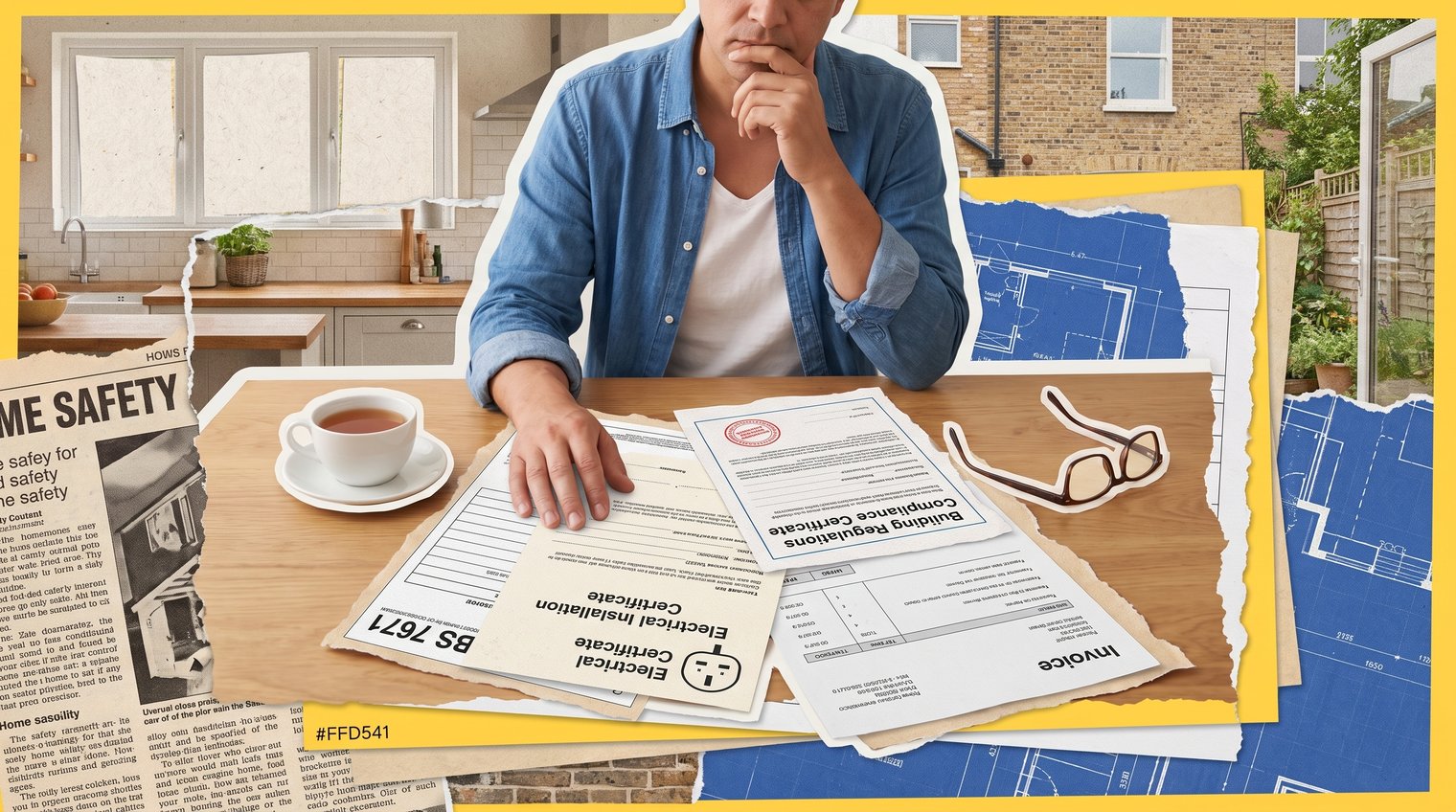 homeowner reviewing an electrical certificate, invoice and Building Regulations paperwork at a kitchen table