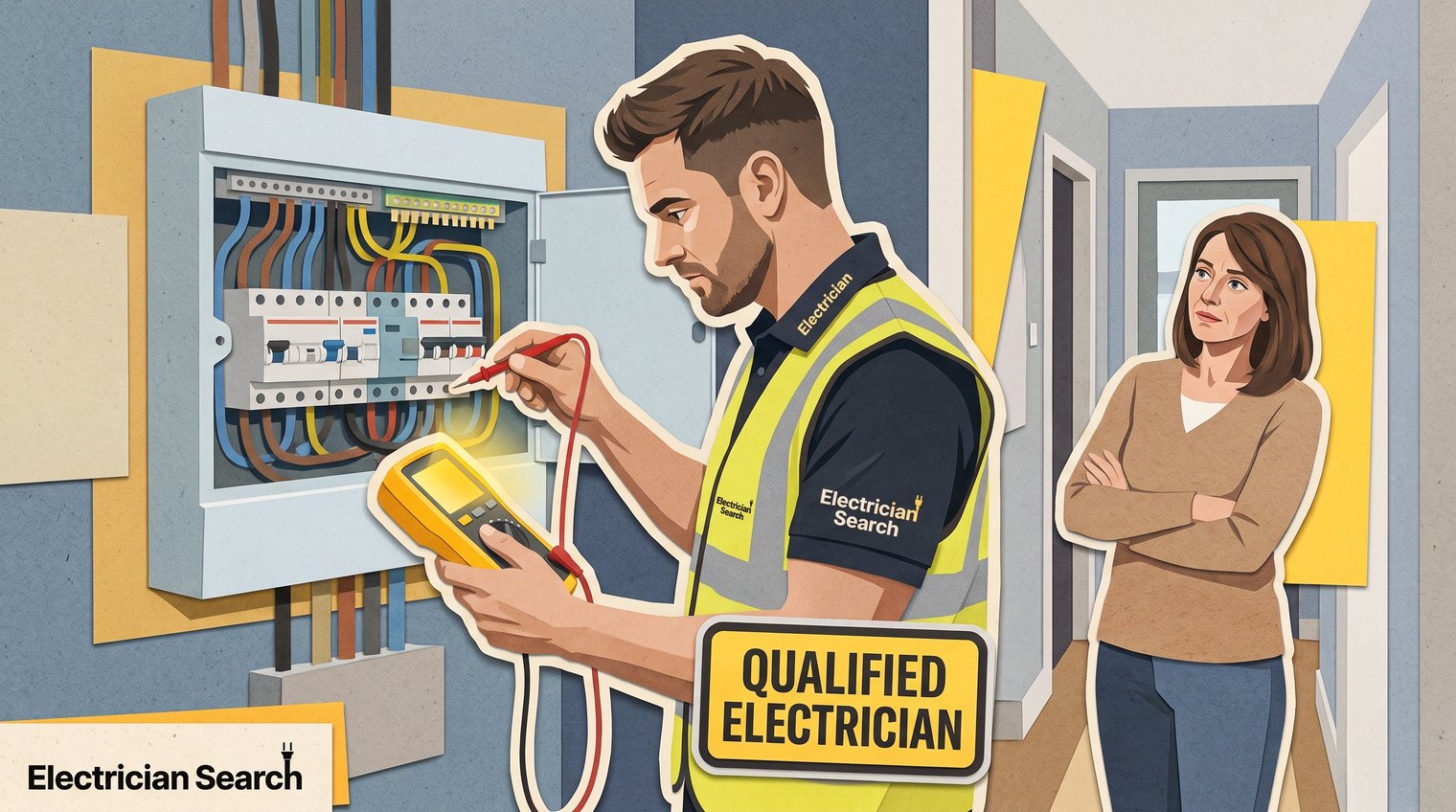 Qualified UK electrician carrying out diagnostic testing at a consumer unit with appropriate test equipment, homeowner observing from a safe distance