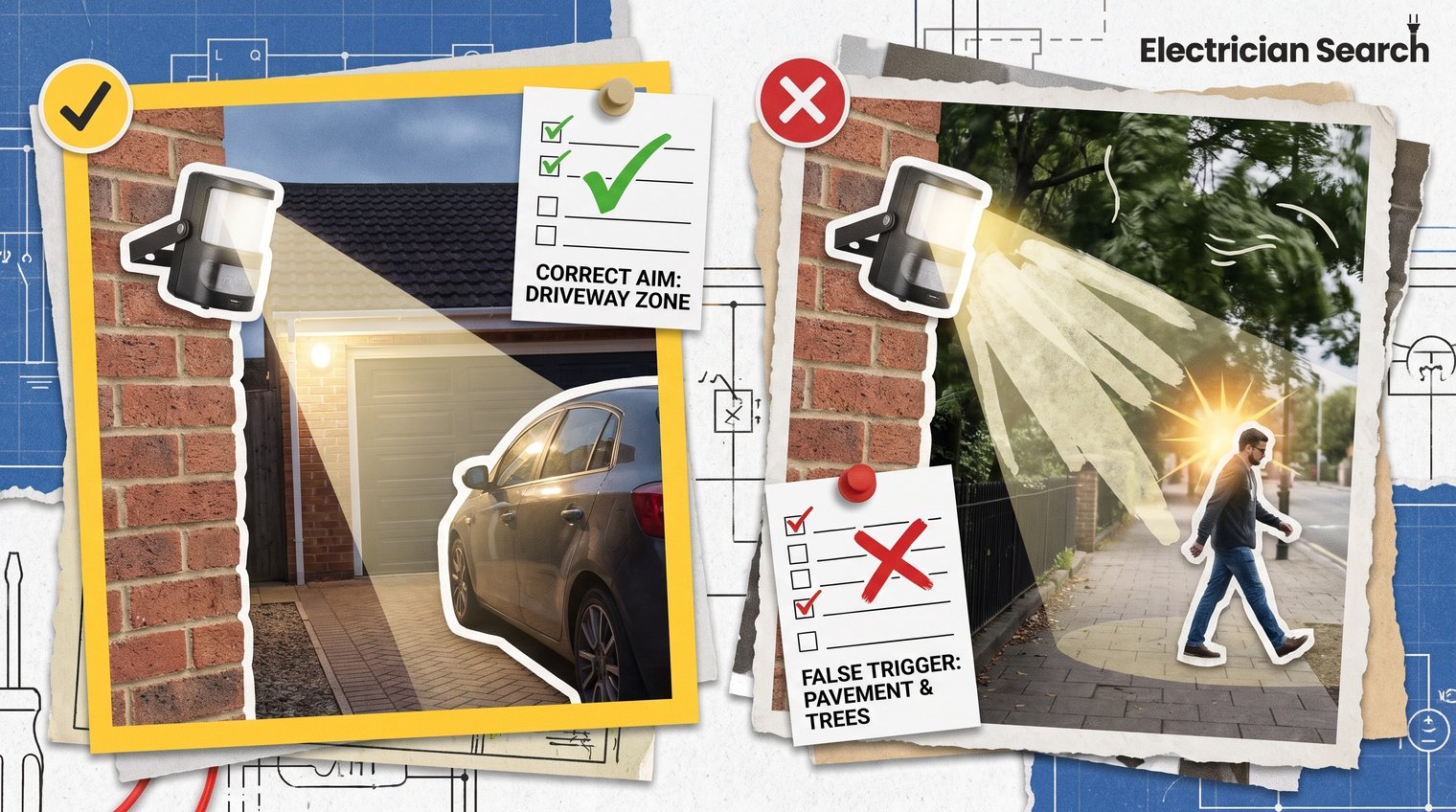 Split-view exterior security light sensor coverage: a correctly aimed driveway detection zone contrasted with a sensor falsely triggered by a pavement and moving tree branches