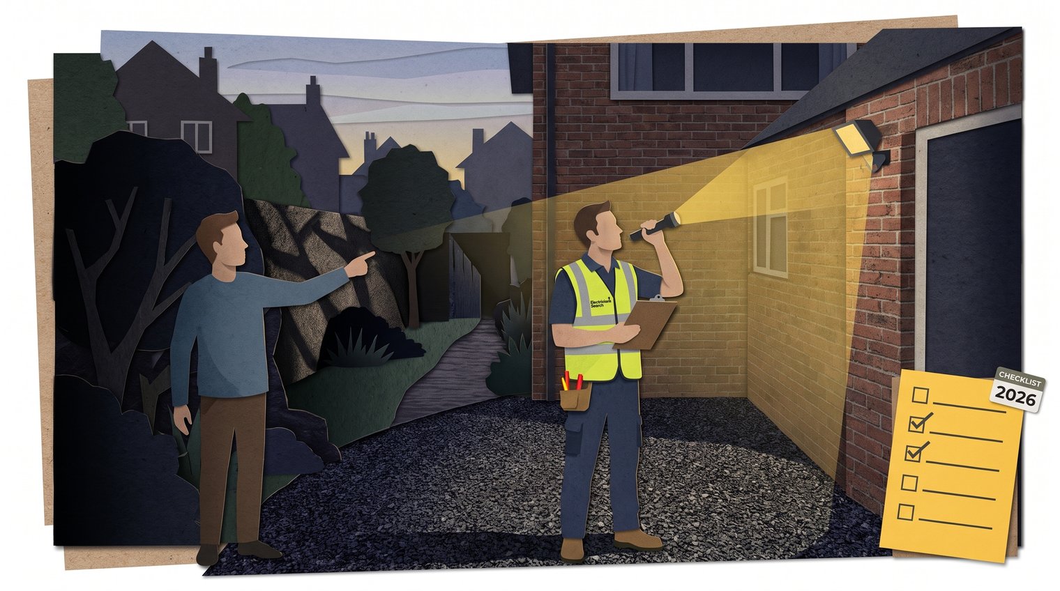 UK electrician assessing a proposed security light position beside a driveway at dusk, with the homeowner indicating dark approach areas