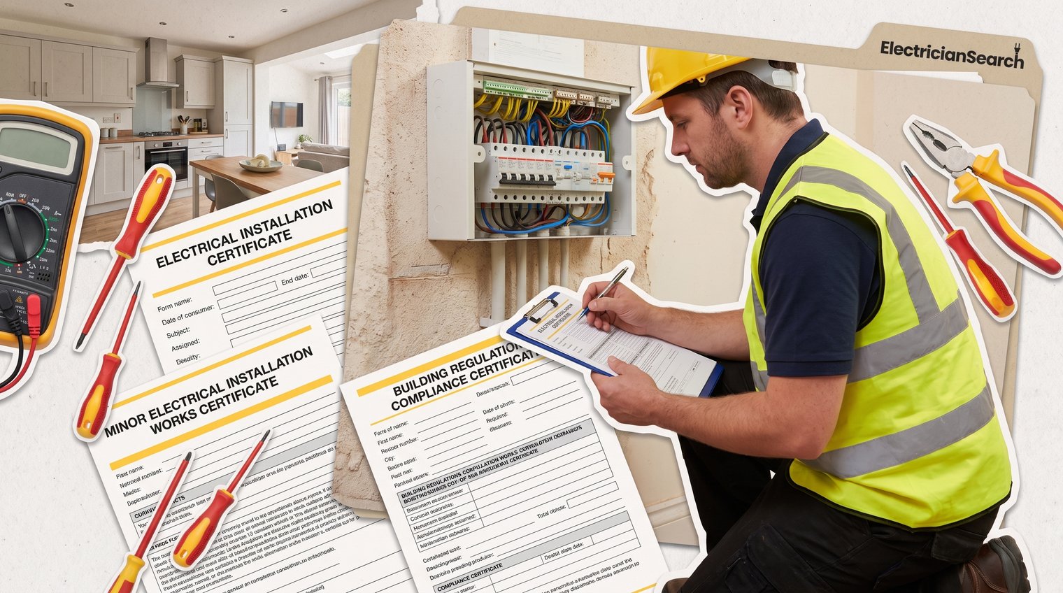 UK electrician completing electrical test documentation beside a domestic consumer unit