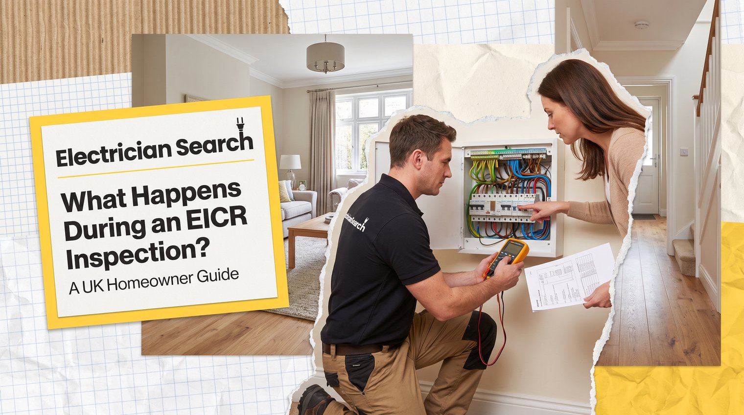 UK electrician inspecting a domestic consumer unit while a homeowner points out circuit information, realistic editorial photography