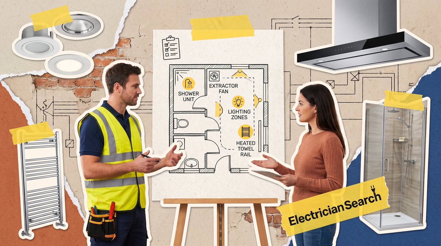 UK electrician reviewing a bathroom renovation plan with a homeowner, showing clearly marked shower, fan, lighting and towel rail positions