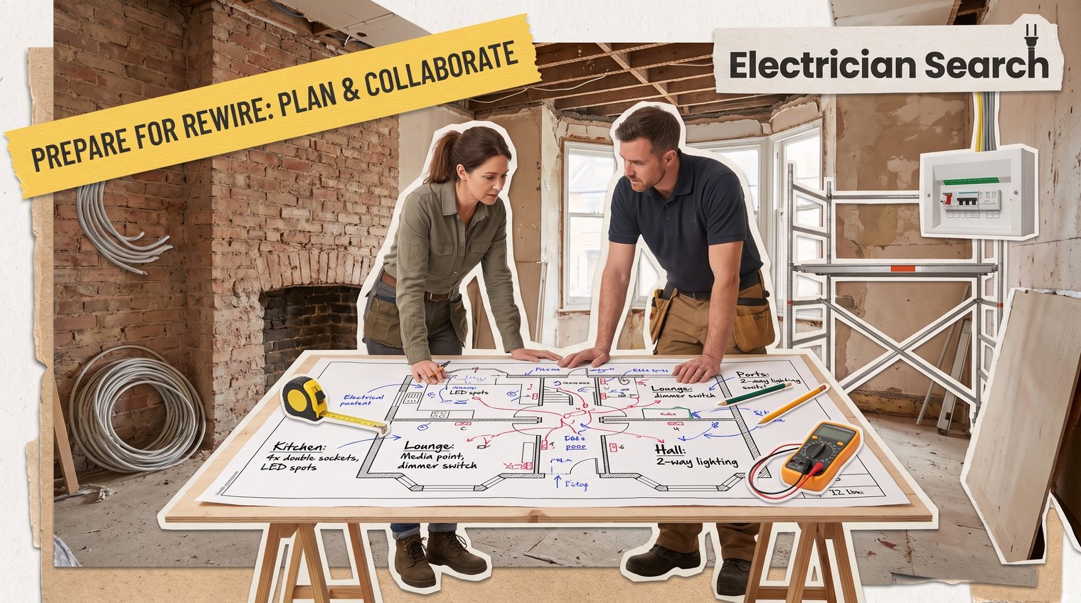 UK homeowner and electrician reviewing floor plans in a partly renovated house, with room-by-room electrical notes visible