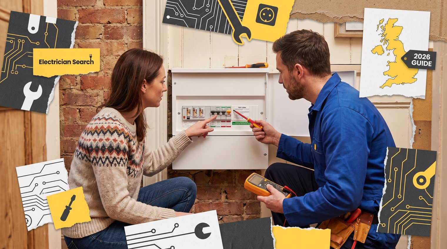 UK homeowner and qualified electrician reviewing a domestic consumer unit during a careful electrical inspection