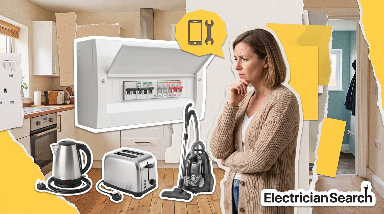 UK homeowner standing safely beside a modern consumer unit, with unplugged appliances nearby and no panel cover removed